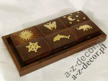 Wooden tray w/6 boxes 20x10x2,5cm [AZ01554]