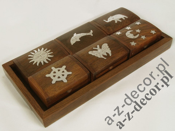 Wooden tray with 6 boxes 20x10x2,5cm [AZ01555]