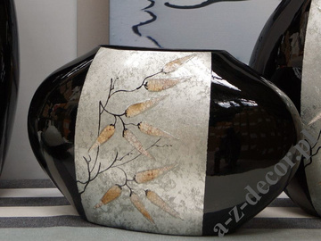 Czarny wazon ceramiczny BAMBOO 44cm z roślinnym dekorem [AZ01404]
